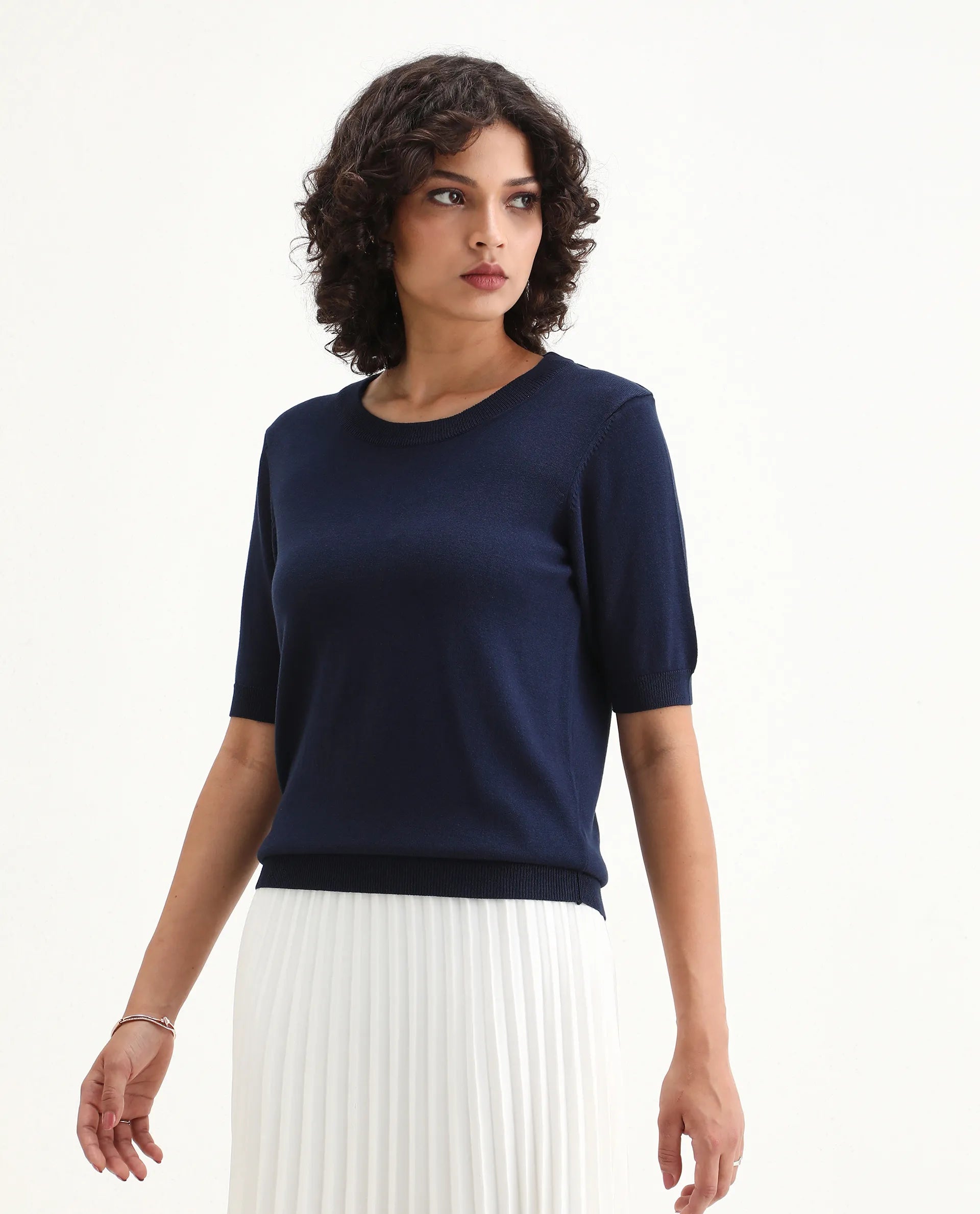 Rareism Women's Rohrdo Dark Navy Viscose Blend Crew Neck Regular Fit Plain Sweater