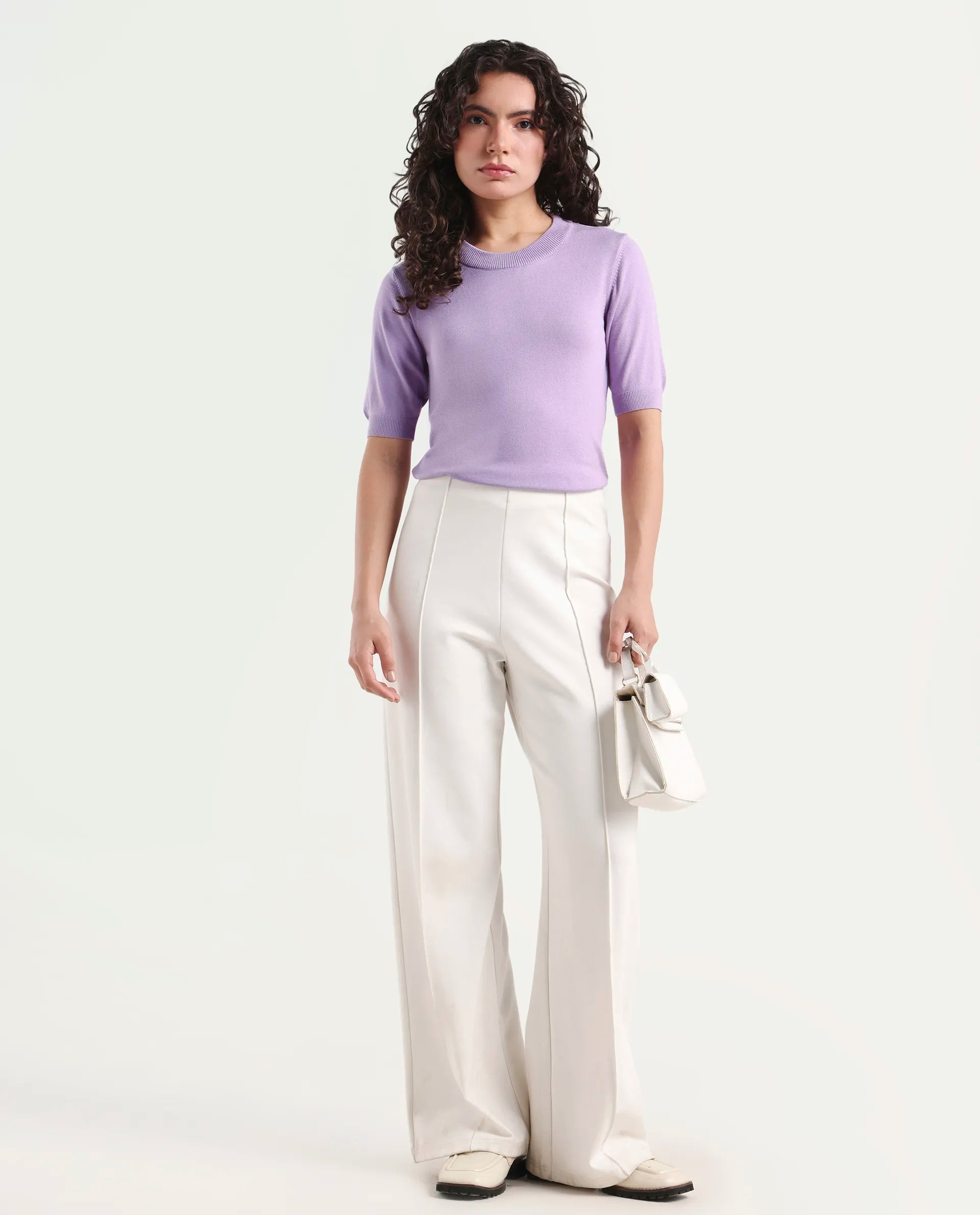 Rareism Women's Rohrdo Pastel Purple Viscose Crew Neck Plain Regular Fit Sweater