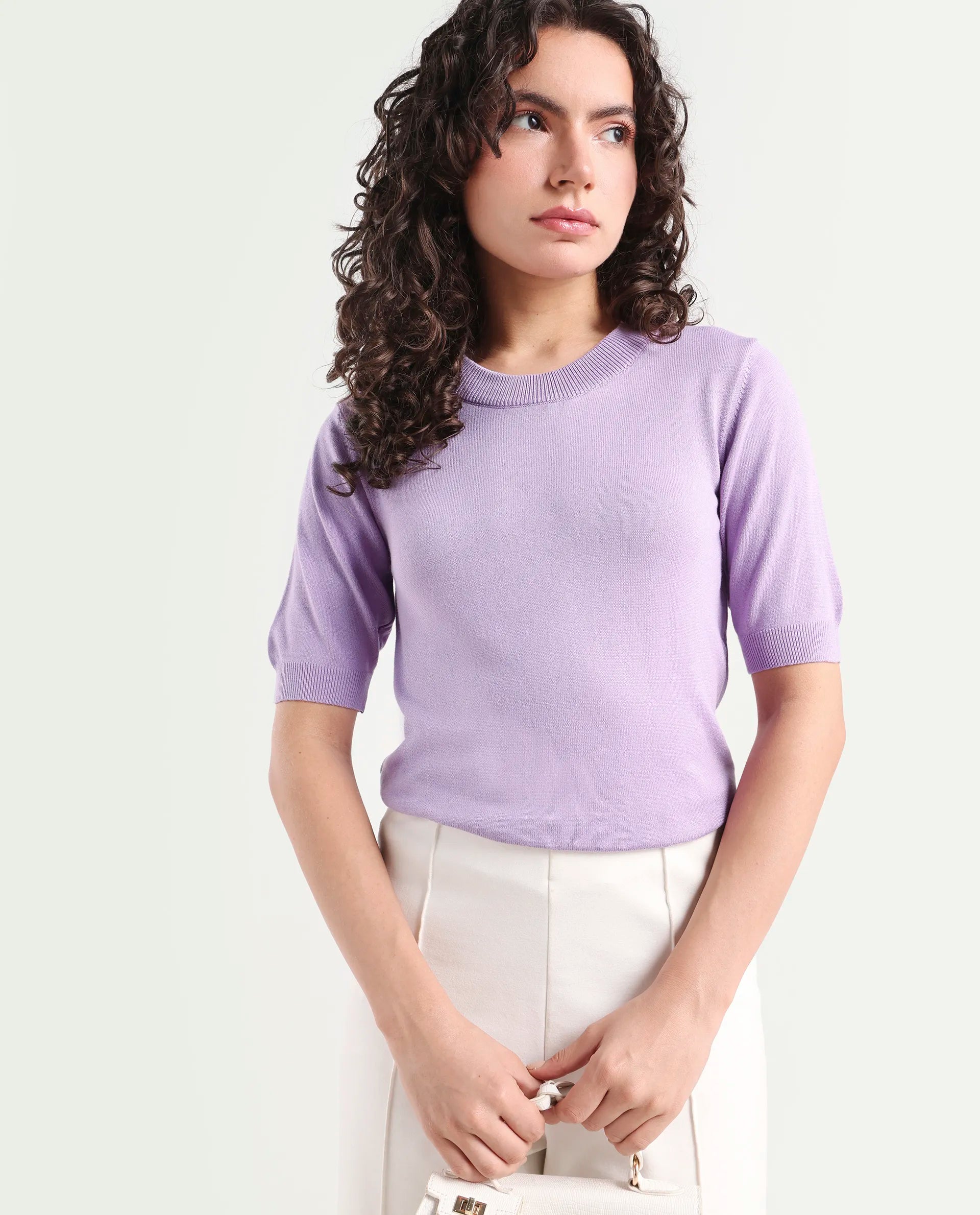 Rareism Women's Rohrdo Pastel Purple Viscose Crew Neck Plain Regular Fit Sweater
