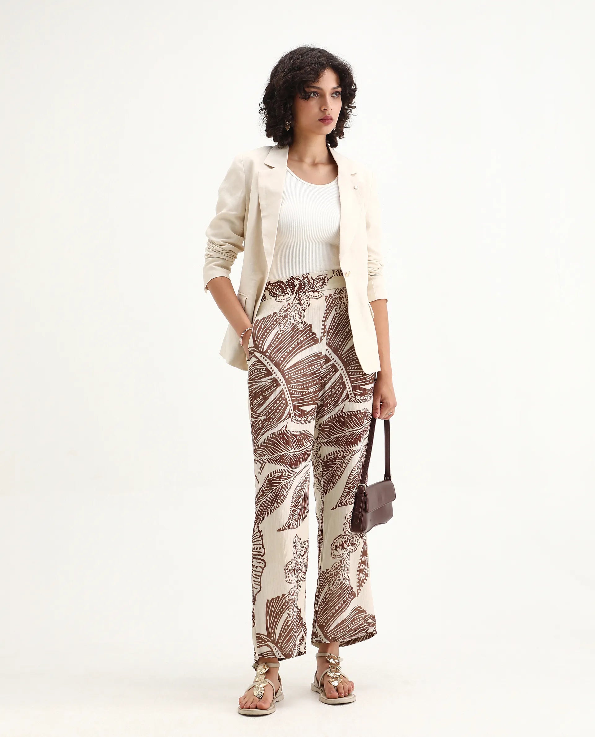 Rareism Women's Ron B Dark Beige Polyester Floral Print Ankle Length Straight Fit Trouser