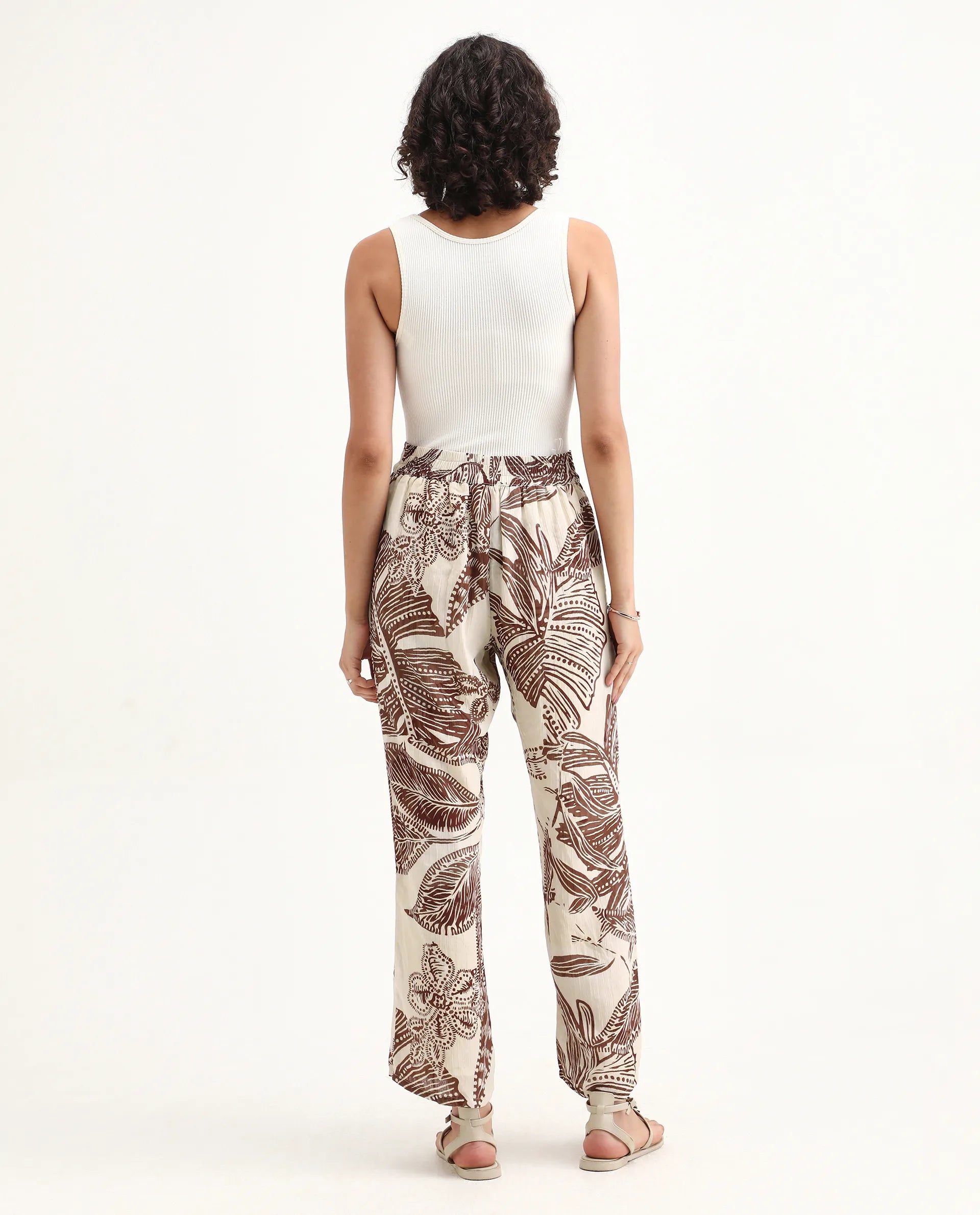 Rareism Women's Ron B Dark Beige Polyester Floral Print Ankle Length Straight Fit Trouser
