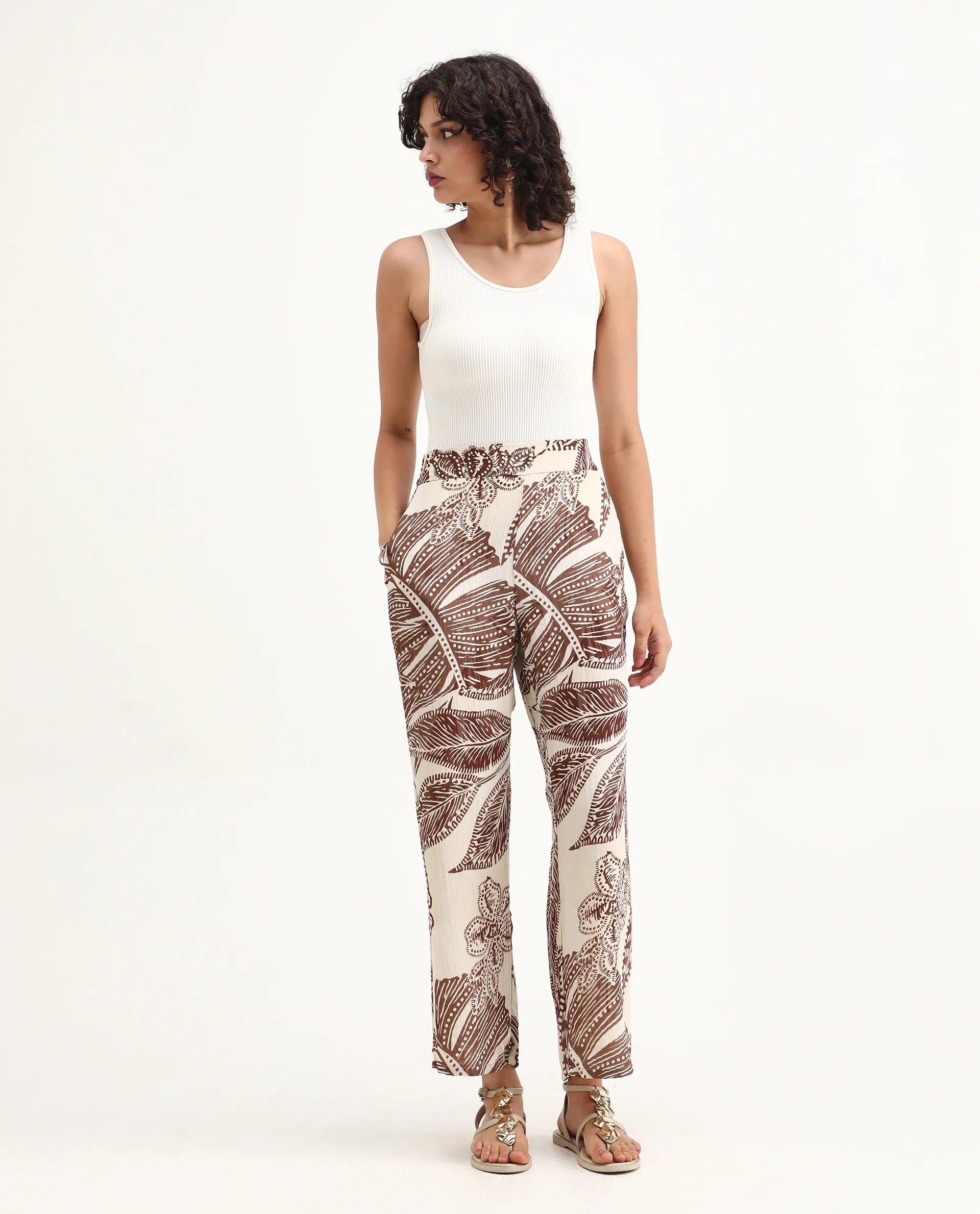 Rareism Women's Ron B Dark Beige Polyester Floral Print Ankle Length Straight Fit Trouser
