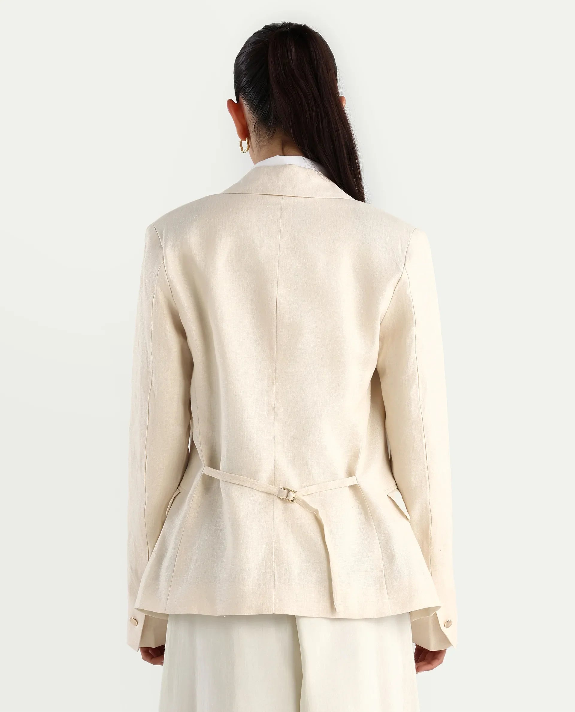 Rareism Women's Ronbla T Beige Linen Lapel Neck Plain Regular Fit Blazer