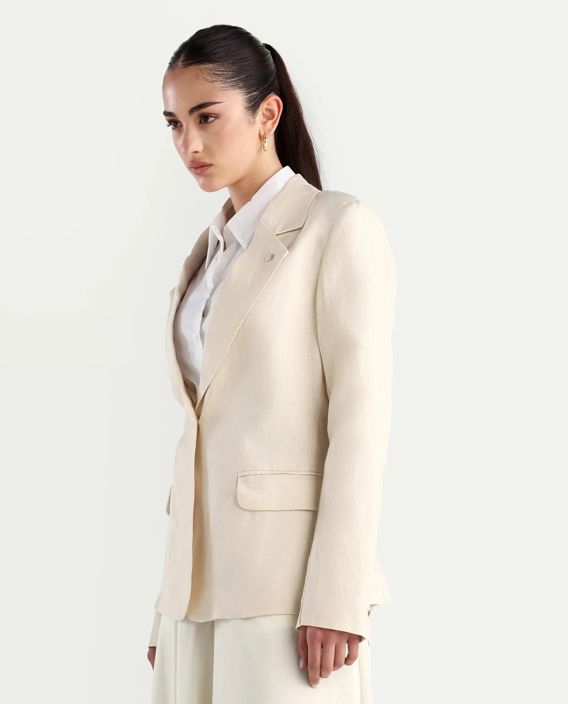 Rareism Women's Ronbla T Beige Linen Lapel Neck Plain Regular Fit Blazer