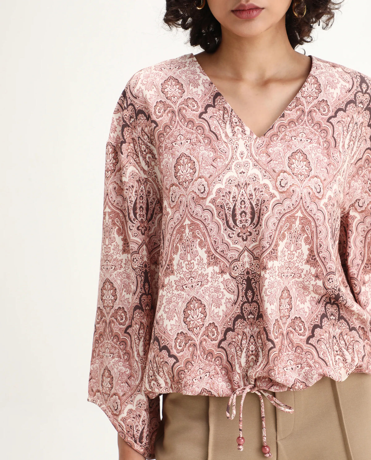 Rareism Women's Roneltie Light Brown Viscose V-Neck Ornamental Print Relaxed Fit Top