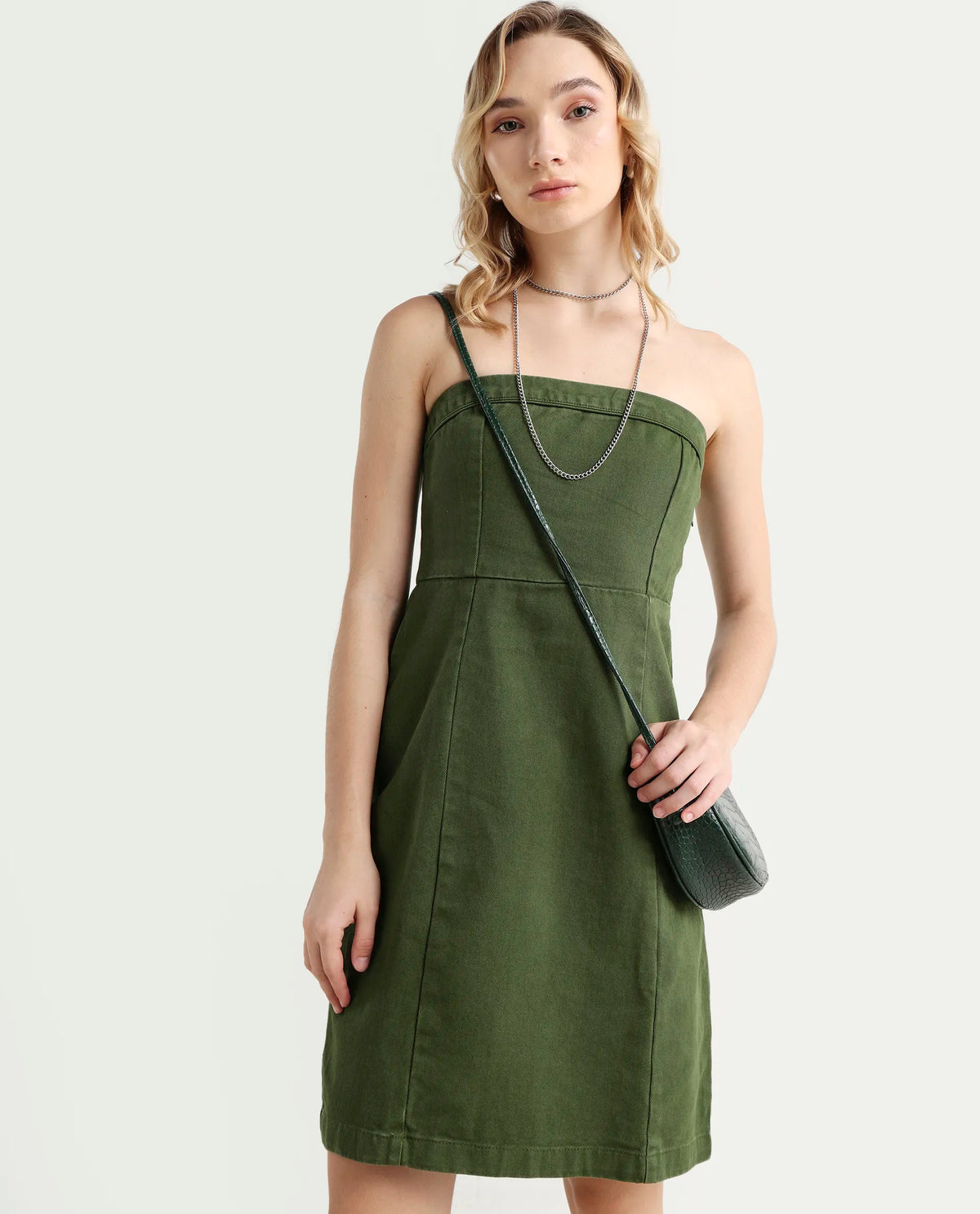 Rareism Women's Ronobia Olive Cotton Blend Tube Neck Plain Sleeveless Knee Length Bodycon Dress