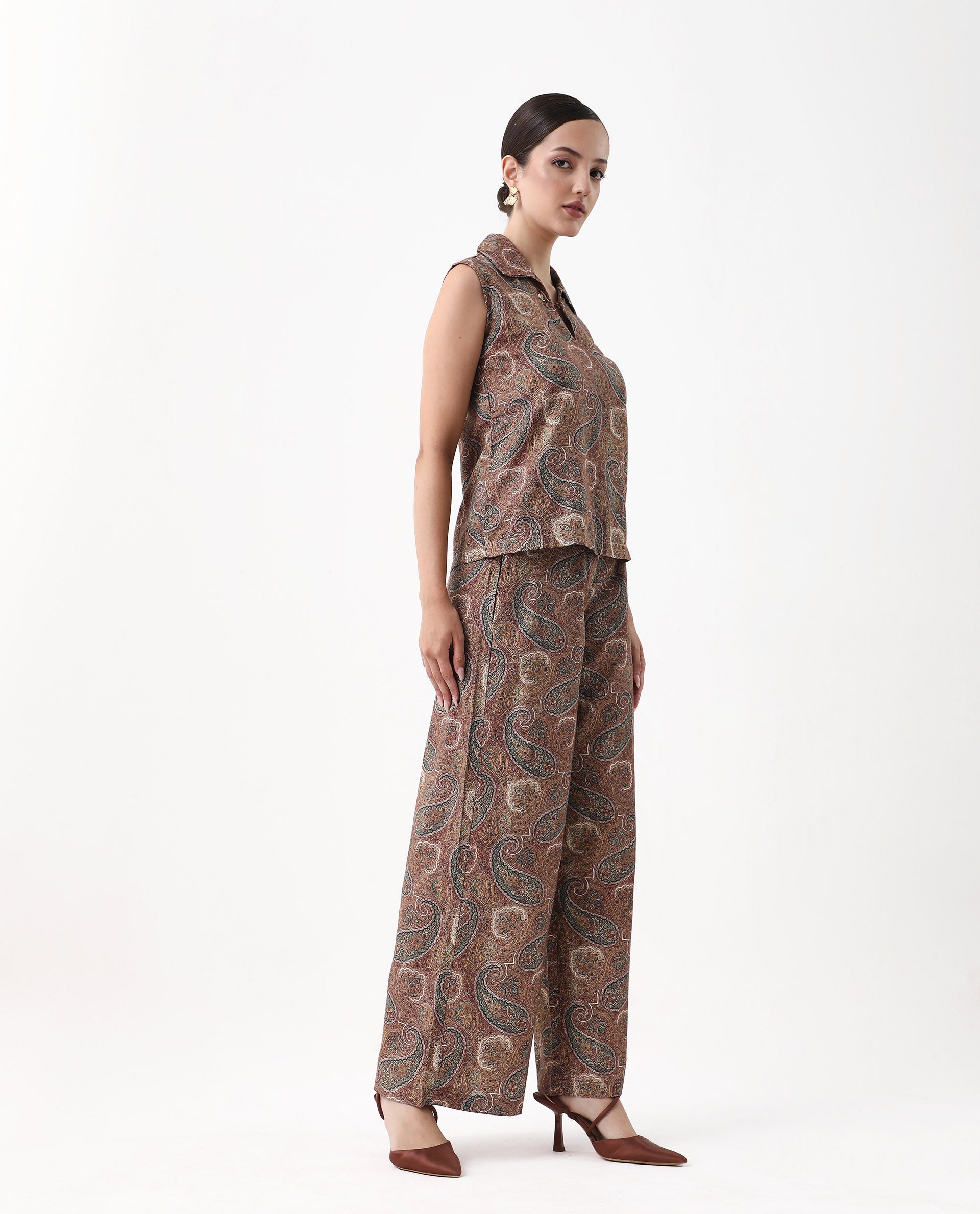 Rareism Women's Ronoro-B Multi Cotton Paisley Print Ankle Length Wide Trouser