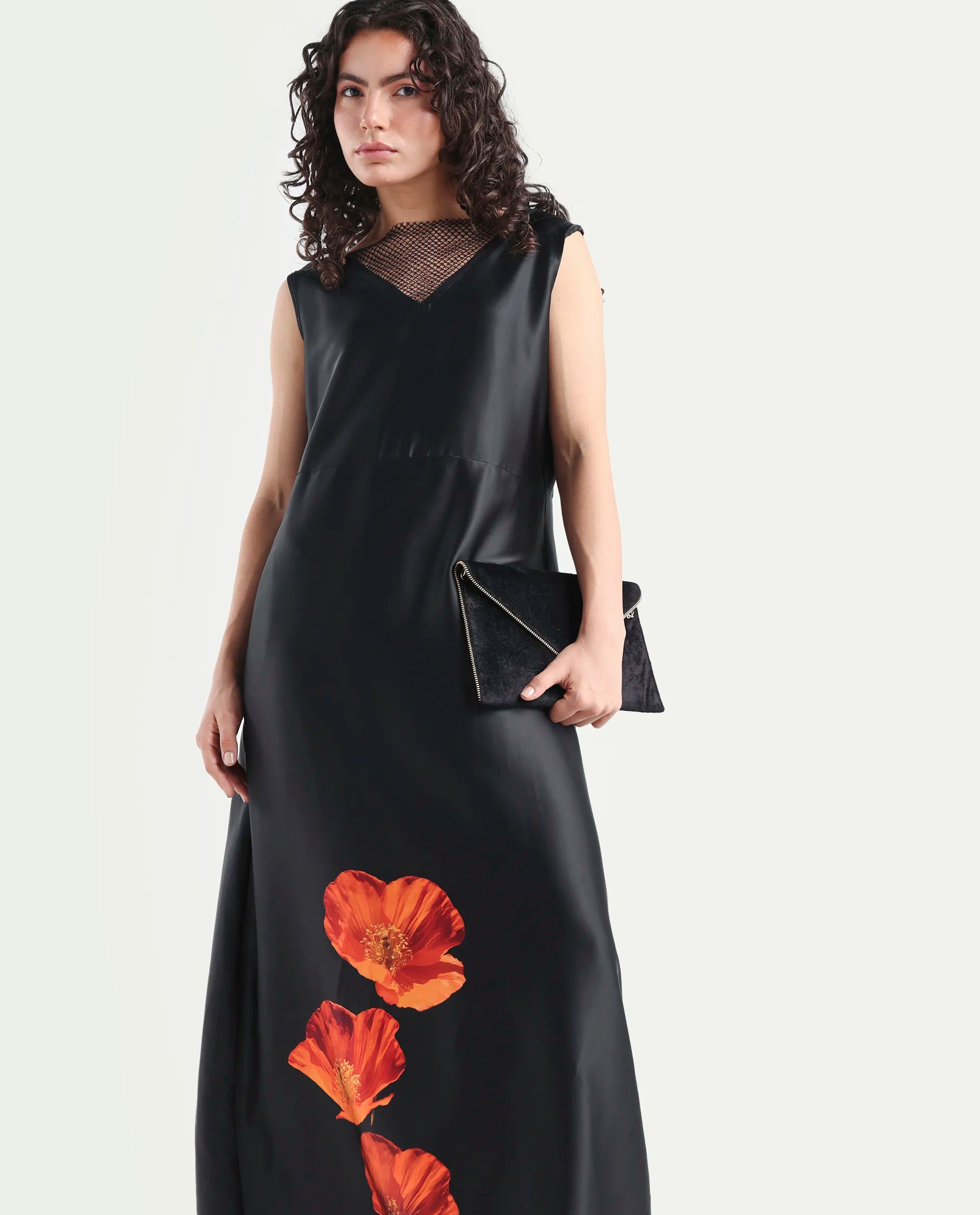 Rareism Women's Rost Black Polyester Collarless Floral Print Sleeveless Maxi Regular Fit Dress