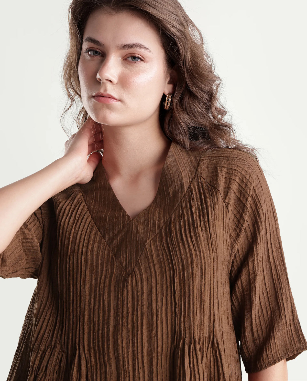 Rareism Women's Maruka Rust Polyester Blend V-Neck Plain Raglan Sleeve Regular Fit Top