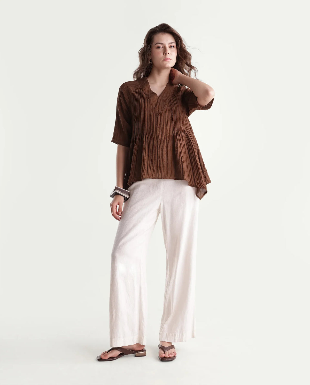 Rareism Women's Maruka Rust Polyester Blend V-Neck Plain Raglan Sleeve Regular Fit Top