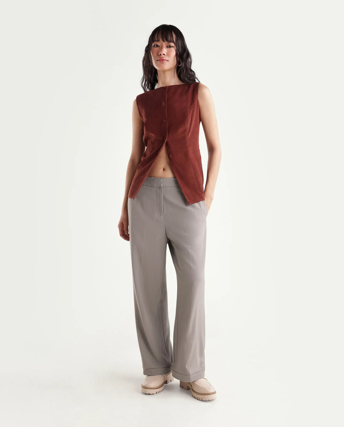Rareism Women's Srait-Aw26 Fawn Polyester Blend Straight Plain Trouser