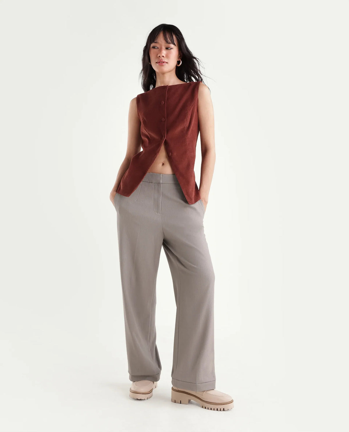 Rareism Women's Srait-Aw26 Fawn Polyester Blend Straight Plain Trouser