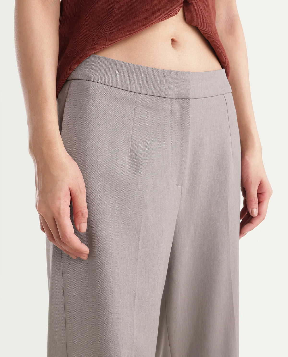 Rareism Women's Srait-Aw26 Fawn Polyester Blend Straight Plain Trouser