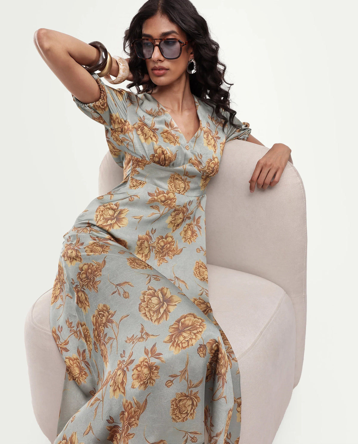 Rareism Women's Falo Pastel Blue Polyester Button And Zip Fit And Flare Floral Print Dress