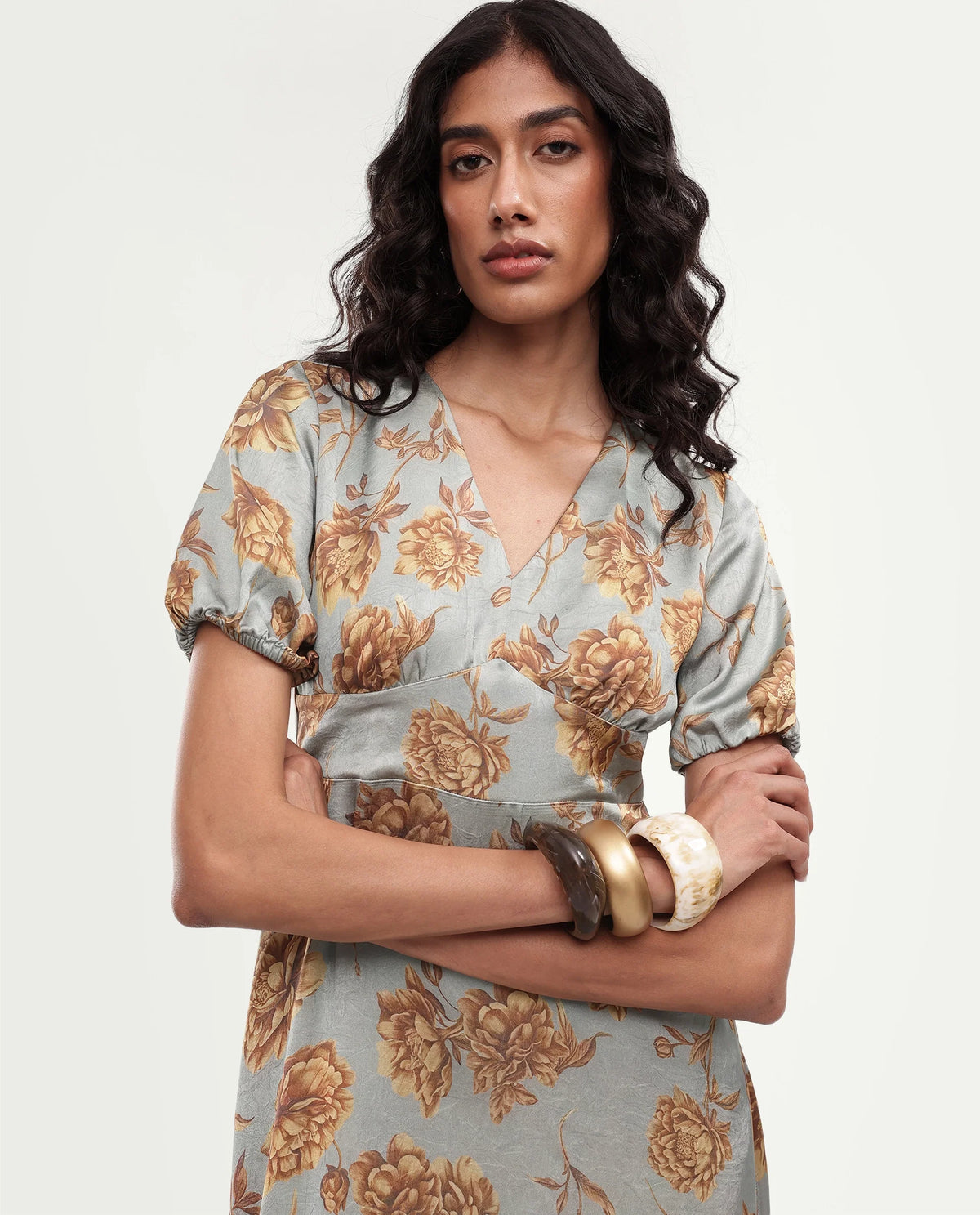 Rareism Women's Falo Pastel Blue Polyester Button And Zip Fit And Flare Floral Print Dress