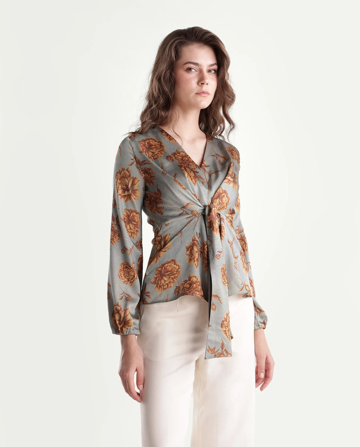 Rareism Women's Falon Pastel Blue Polyester Pull-On Wrap Floral Print Top