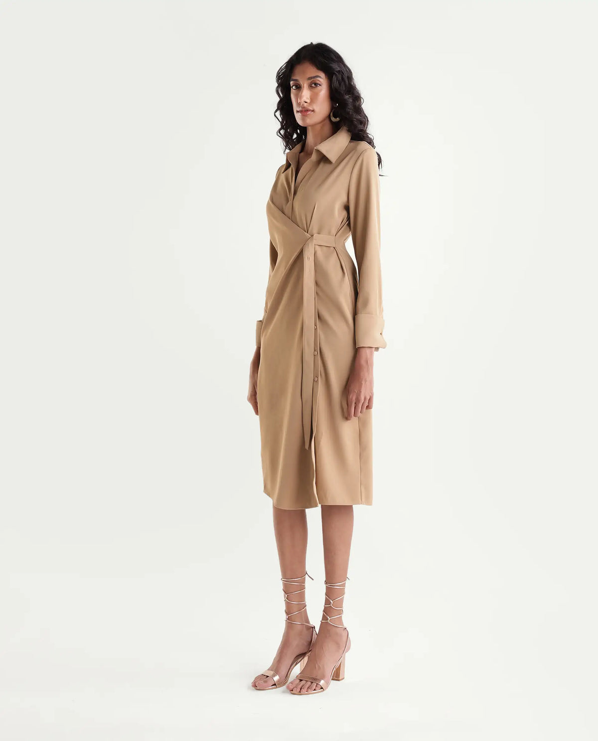 Rareism Women's Yaron Beige Polyester Button Regular Fit Dress