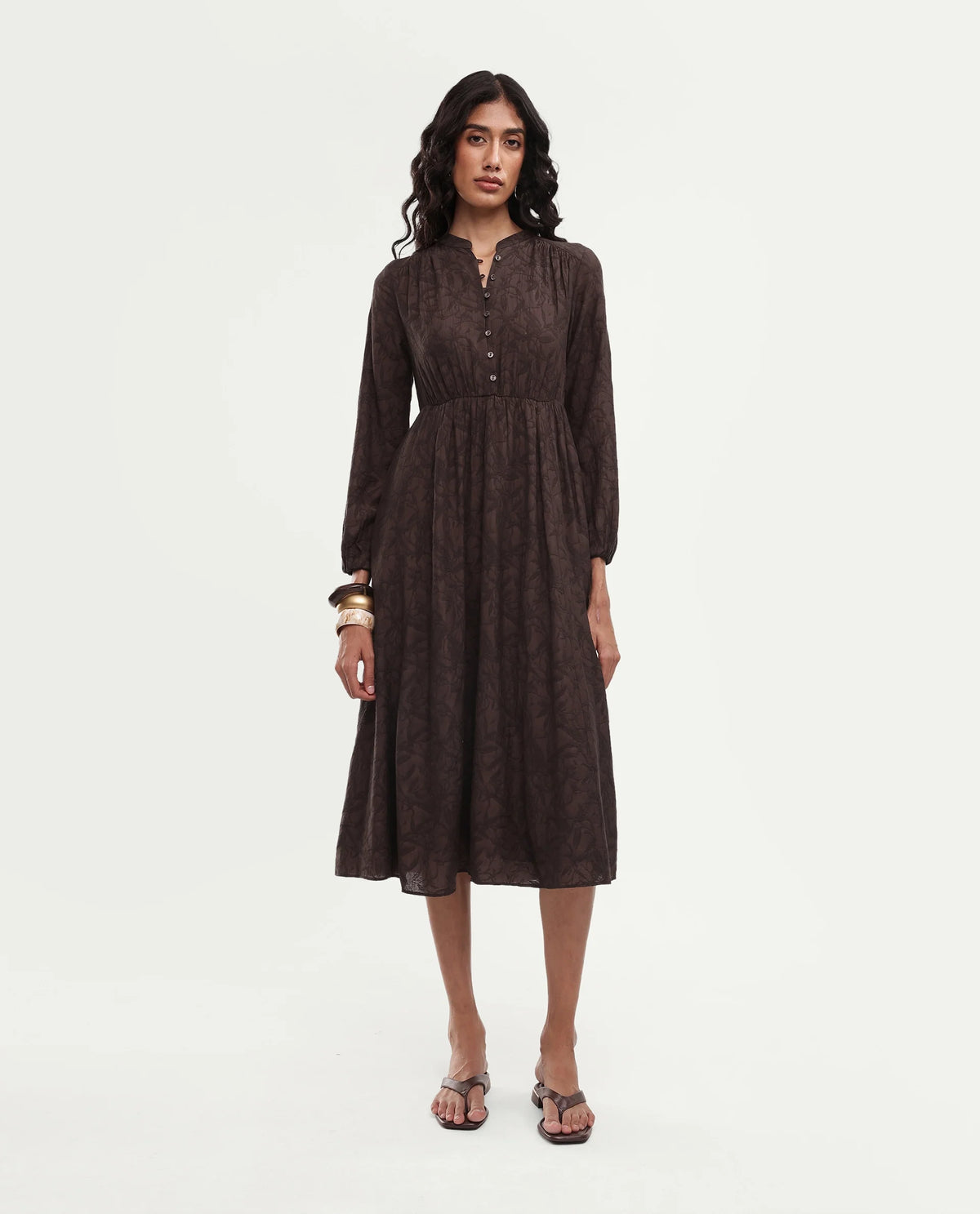 Rareism Women's Yustom Brown Viscose Blend Button Fit And Flare Dress