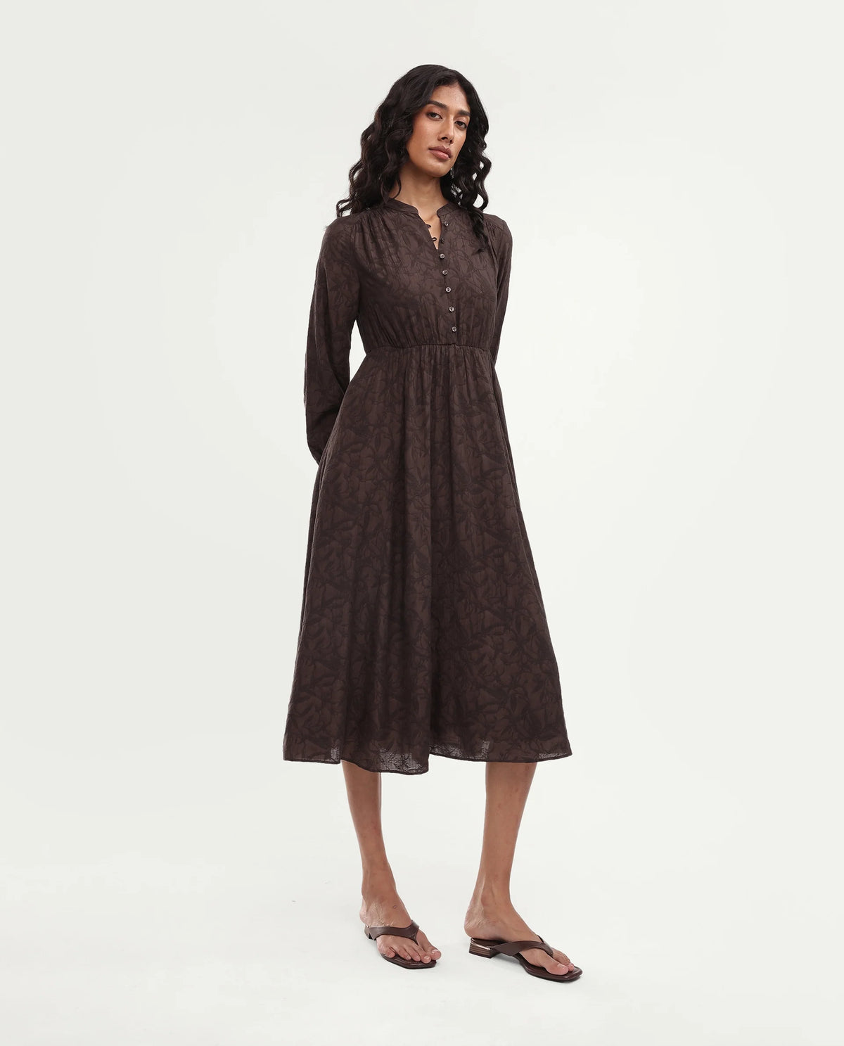 Rareism Women's Yustom Brown Viscose Blend Button Fit And Flare Dress