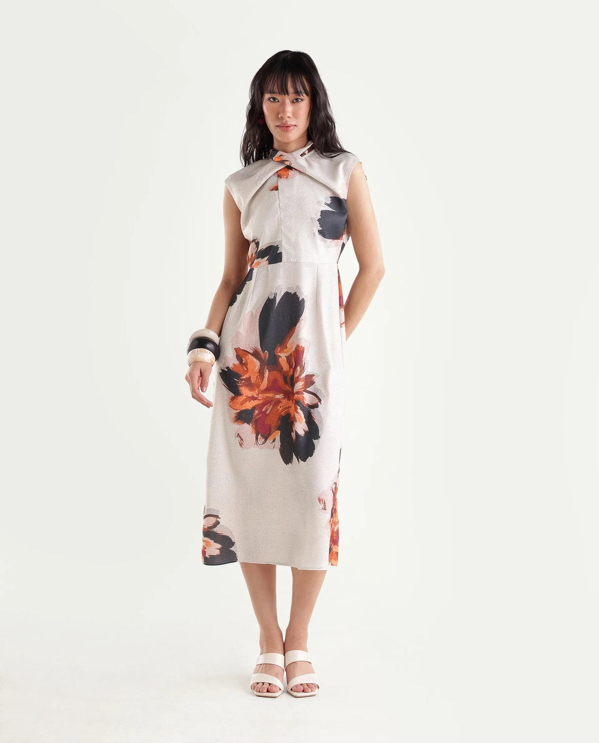 Rareism Women's Imara Beige Polyester Regular Fit Floral Print Dress