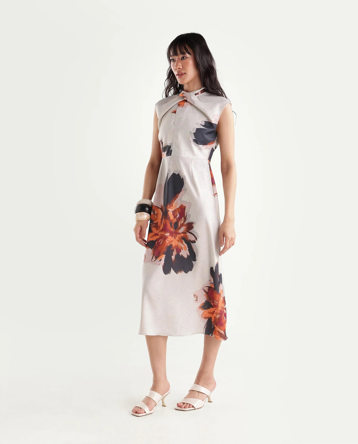Rareism Women's Imara Beige Polyester Regular Fit Floral Print Dress