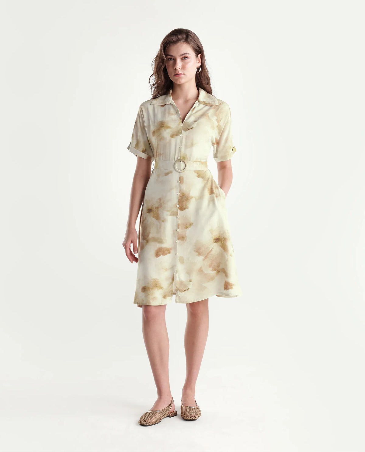 Rareism Women's Slate Olive Viscose Pull-On A-Line Abstract Print Dress