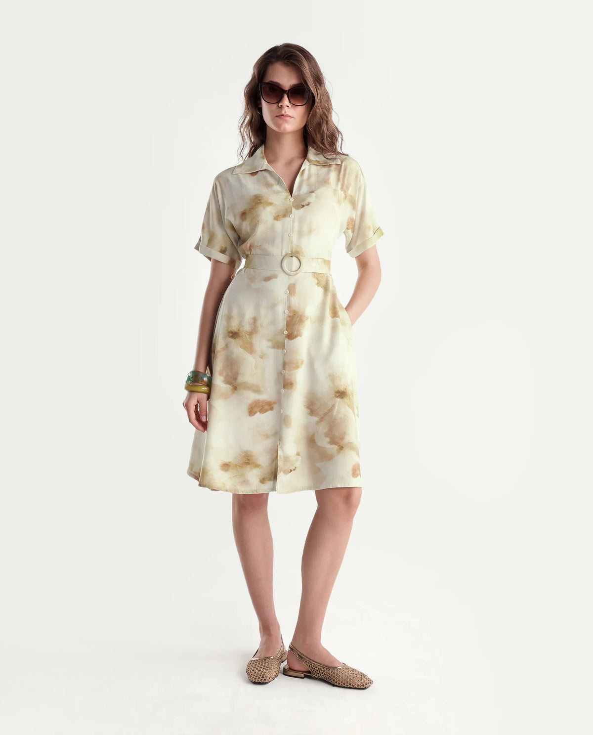 Rareism Women's Slate Olive Viscose Pull-On A-Line Abstract Print Dress