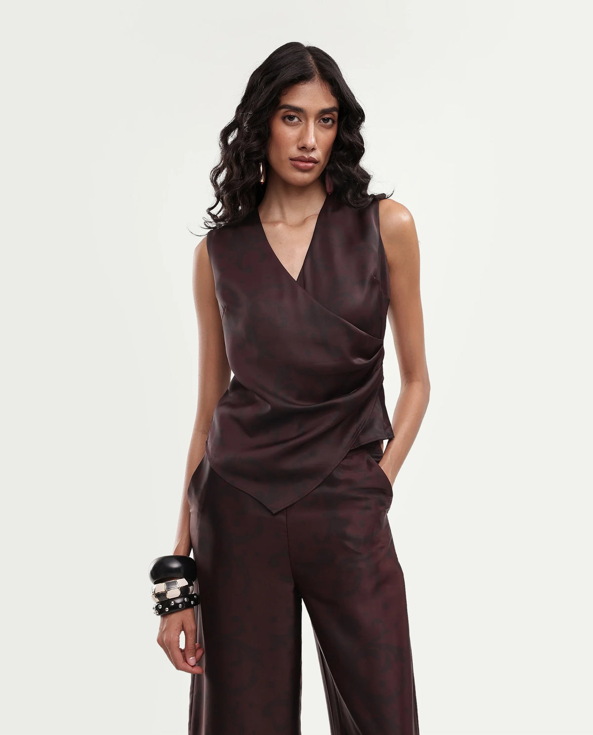 Rareism Women's Satox-T Dark Maroon Polyester Button And Zip Wrap Printed Top