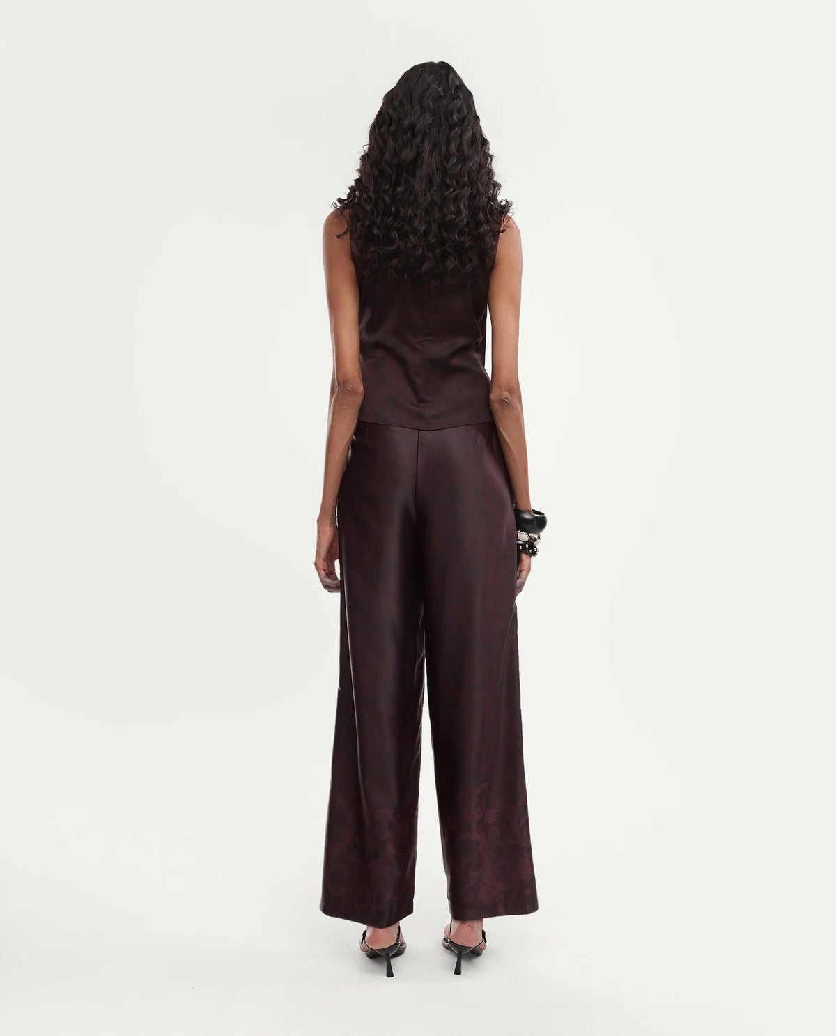 Rareism Women's Satox-B Dark Maroon Polyester Button And Zip Wide Printed Trouser