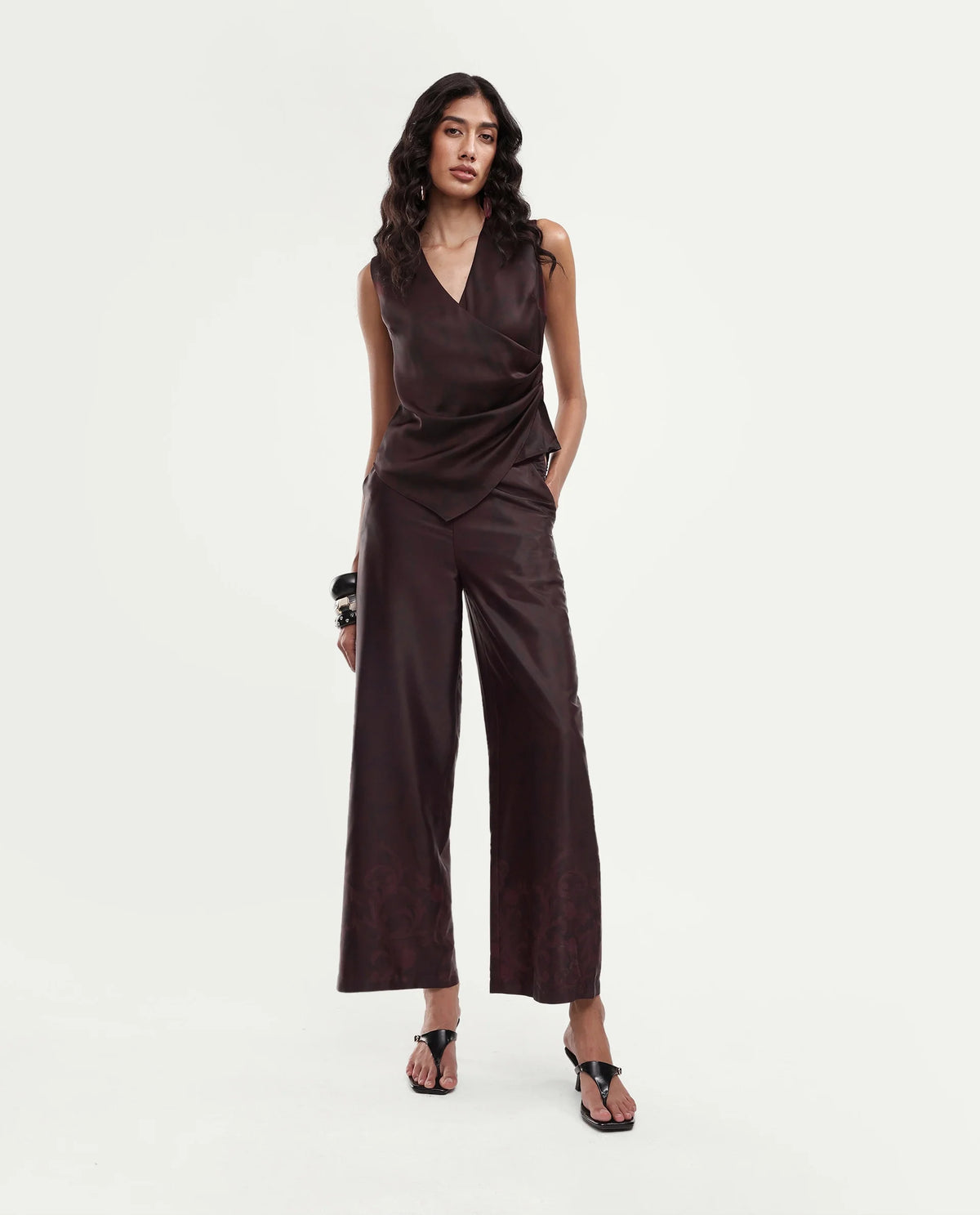 Rareism Women's Satox-B Dark Maroon Polyester Button And Zip Wide Printed Trouser