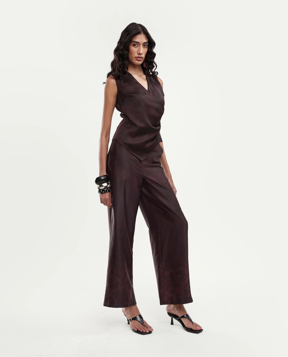 Rareism Women's Satox-B Dark Maroon Polyester Button And Zip Wide Printed Trouser