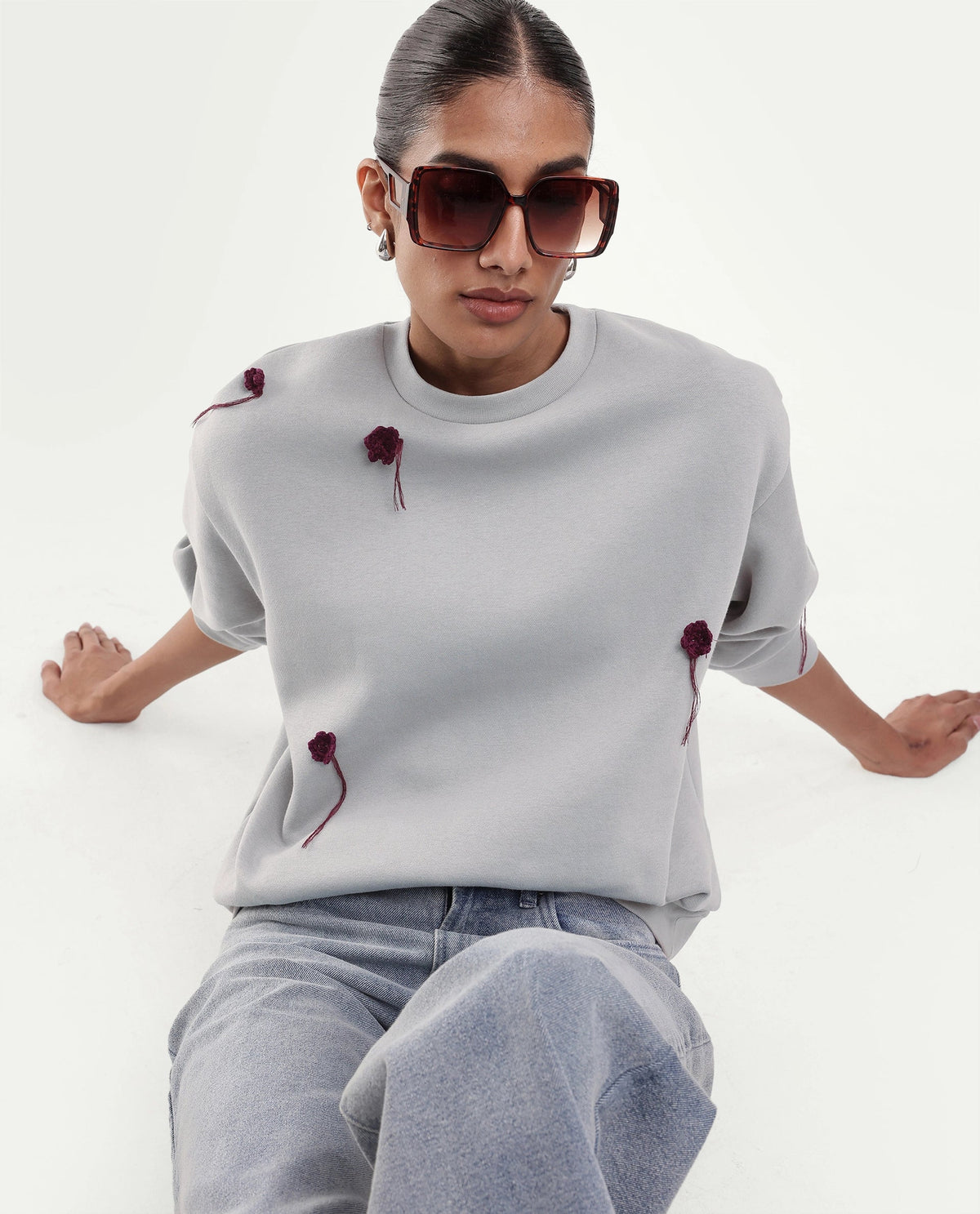 Rareism Women's Piano Light Grey Cotton Blend Pull-On Relaxed Fit Floral Print Sweatshirt
