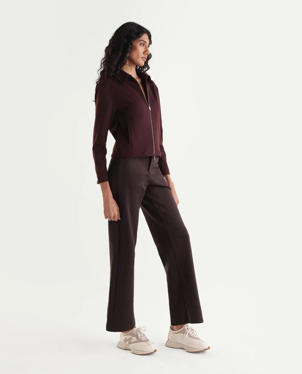 Rareism Women's Pay-B Dark Brown Cotton Blend Button And Zip Straight Track Pant