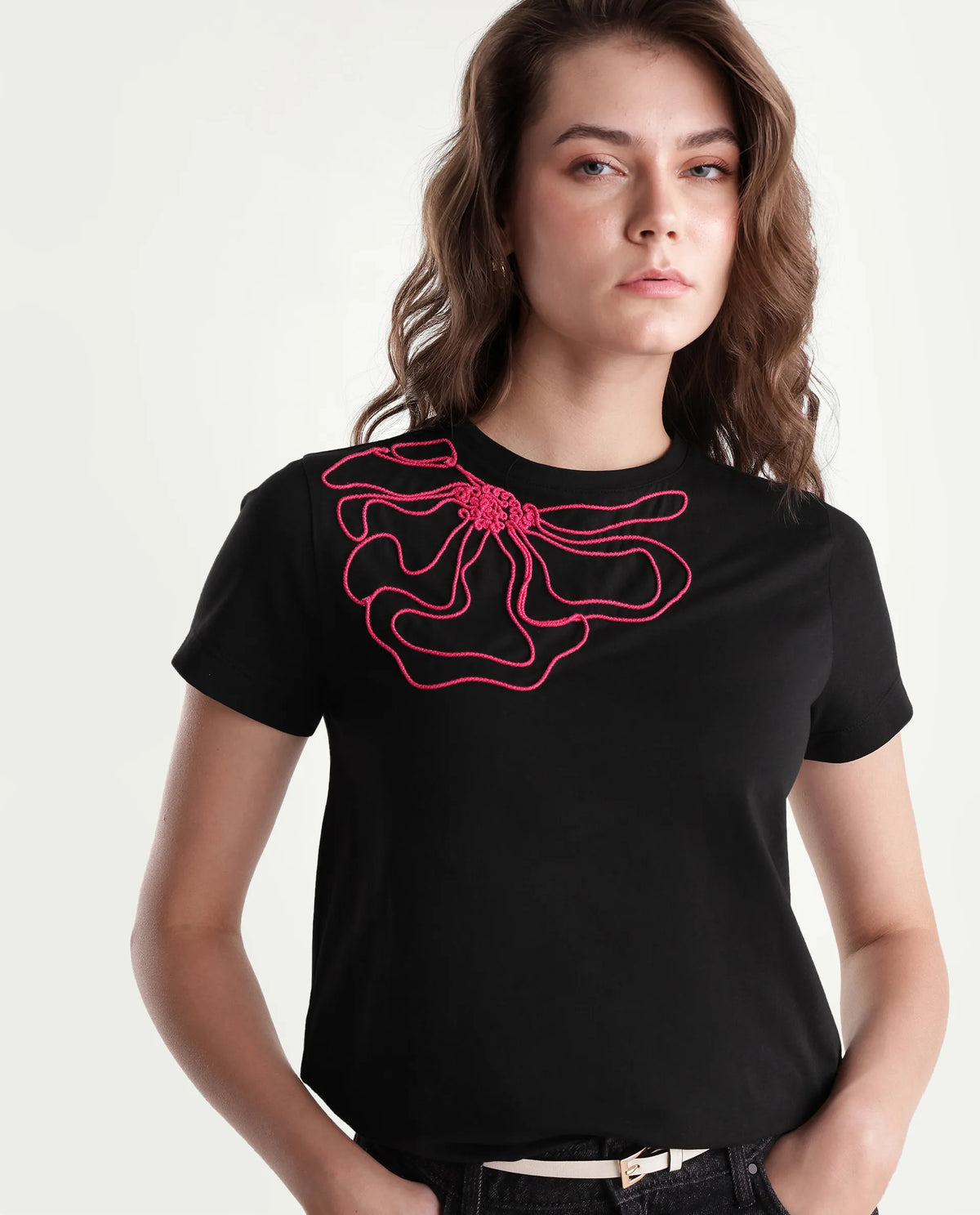 Rareism Women's Pordd Black Cotton Blend Pull-On Regular Fit T-Shirt