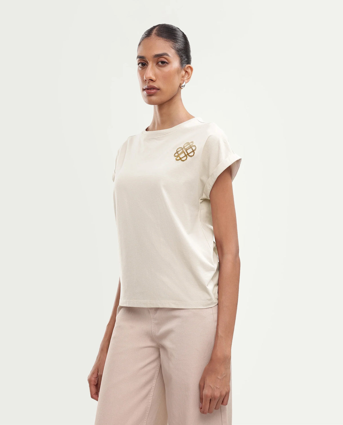 Rareism Women's Piku Light Beige Cotton Blend Pull-On Relaxed Fit Embroidered T-Shirt