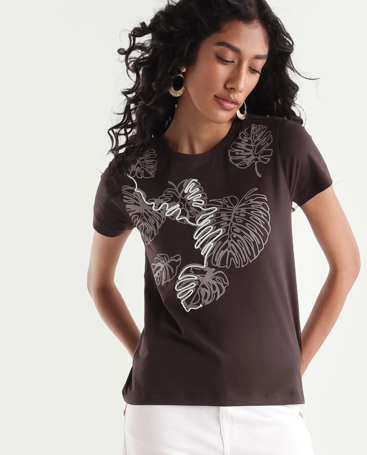 Rareism Women's Pepper Dark Brown Cotton Blend Pull-On Regular Fit Printed T-Shirt