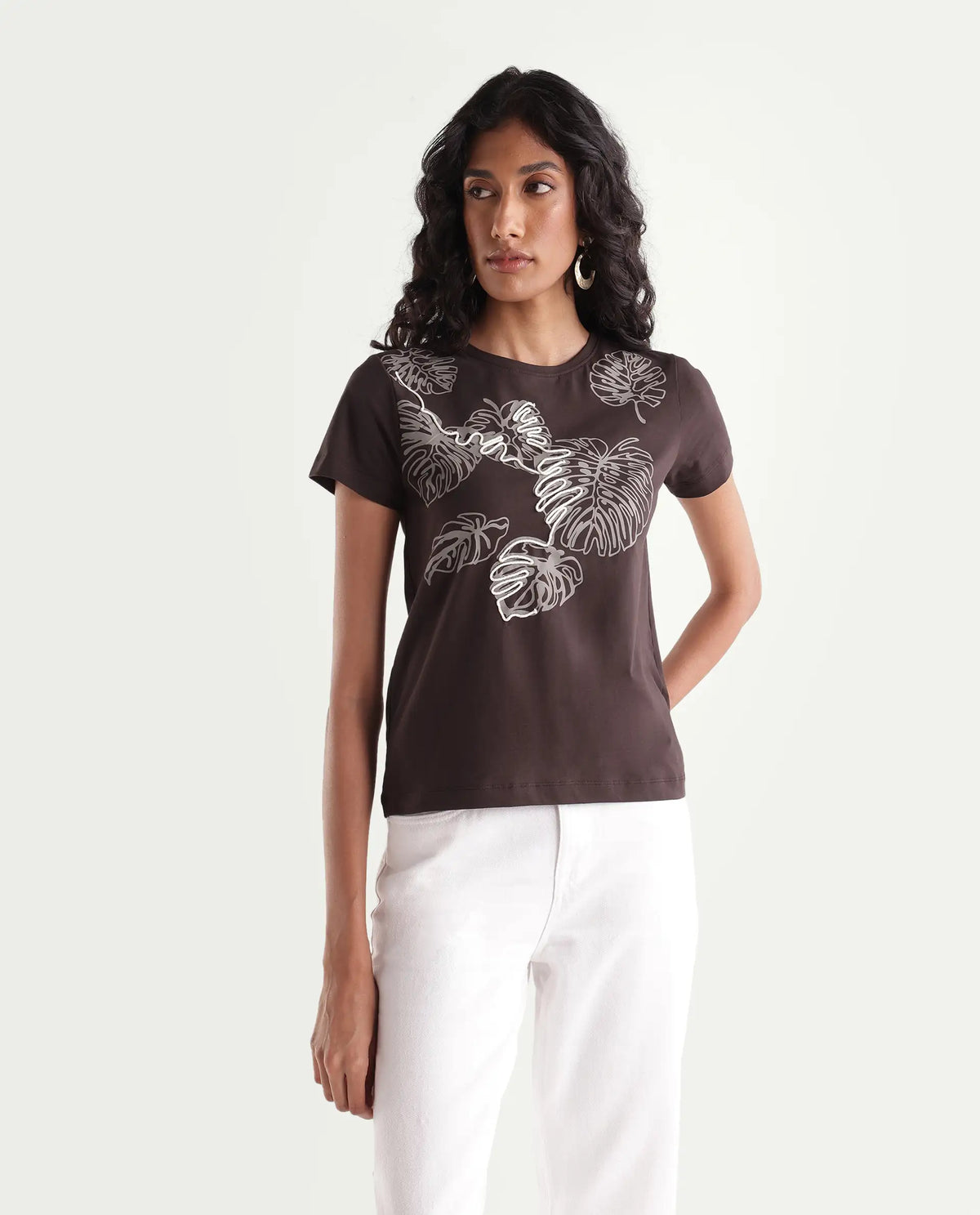 Rareism Women's Pepper Dark Brown Cotton Blend Pull-On Regular Fit Printed T-Shirt