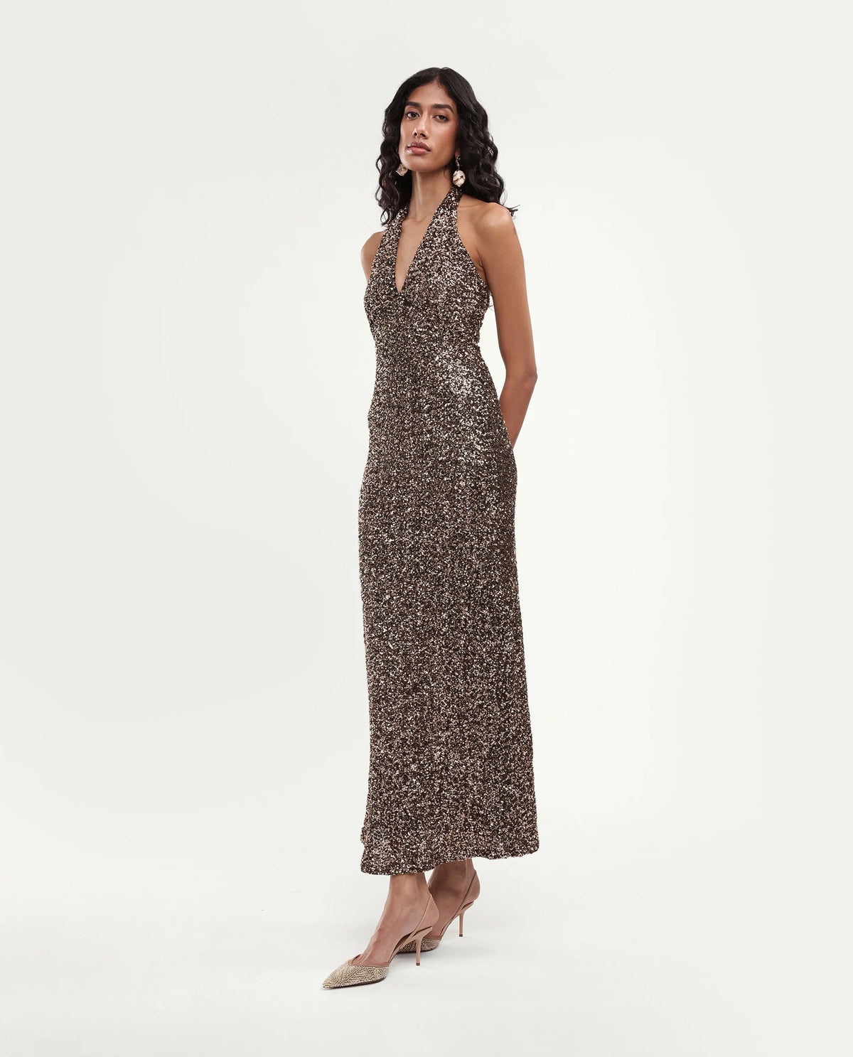 Rareism Women's Piquin Metalic Brown Polyester Button Bodycon Dress