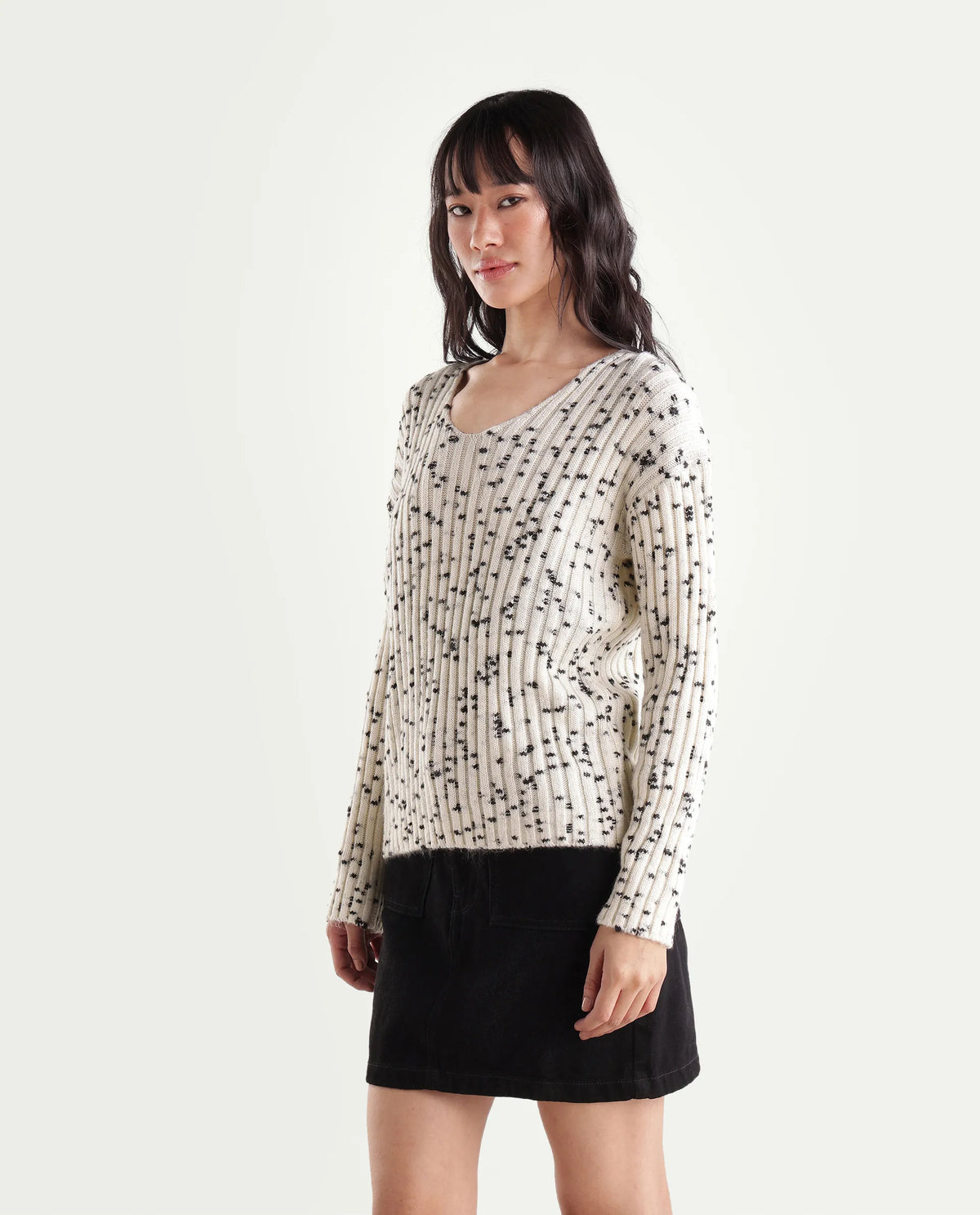 Rareism Women's Luffy Off White Polyester Blend V-Neck Relaxed Polka Print Sweater