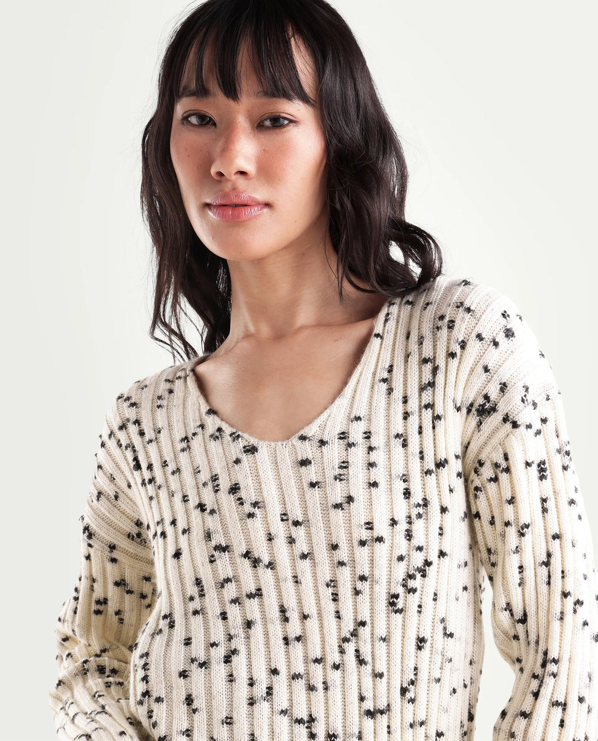 Rareism Women's Luffy Off White Polyester Blend V-Neck Relaxed Polka Print Sweater