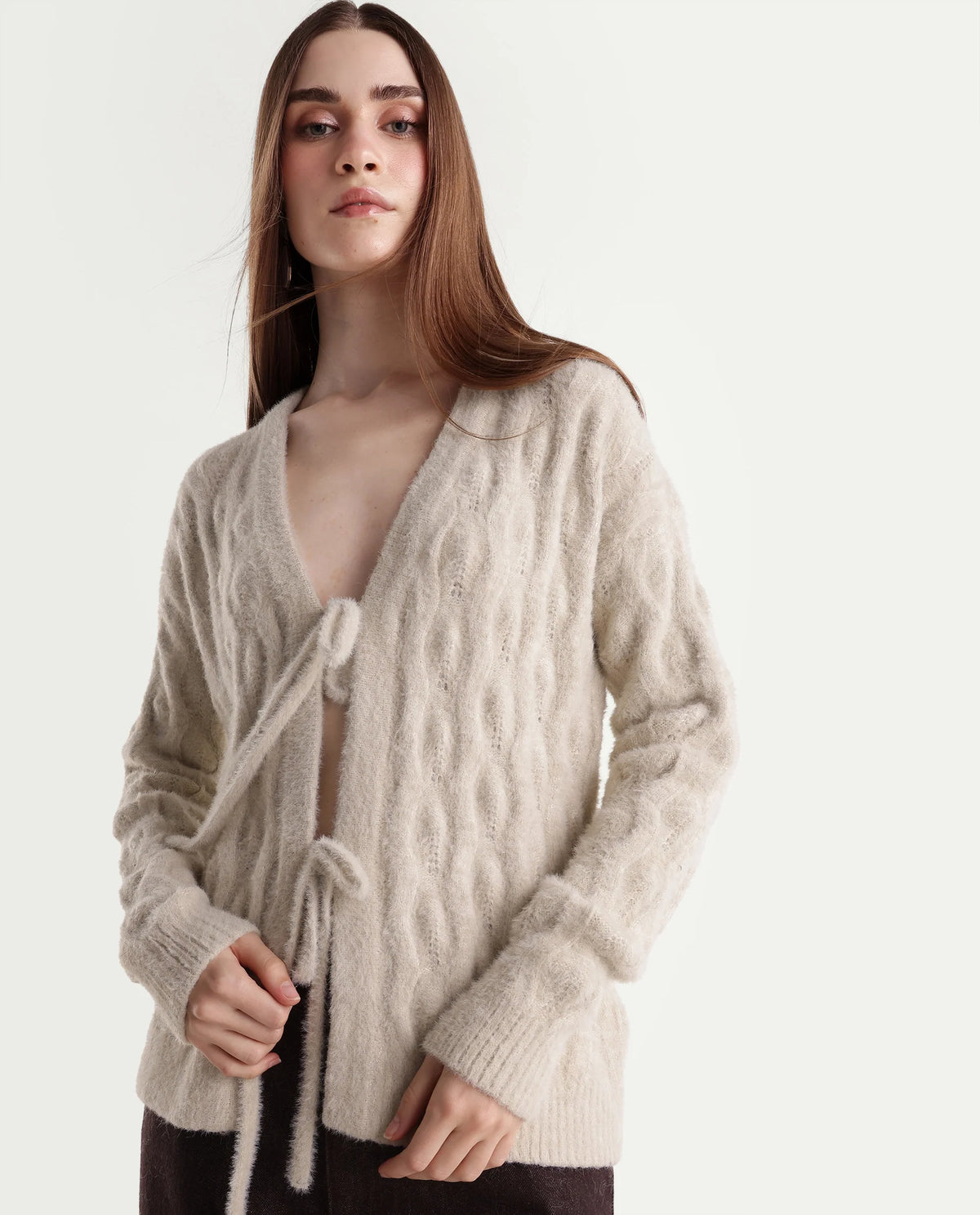Rareism Women's Loile Off White Nylon Blend V-Neck Relaxed Plain Cardigan