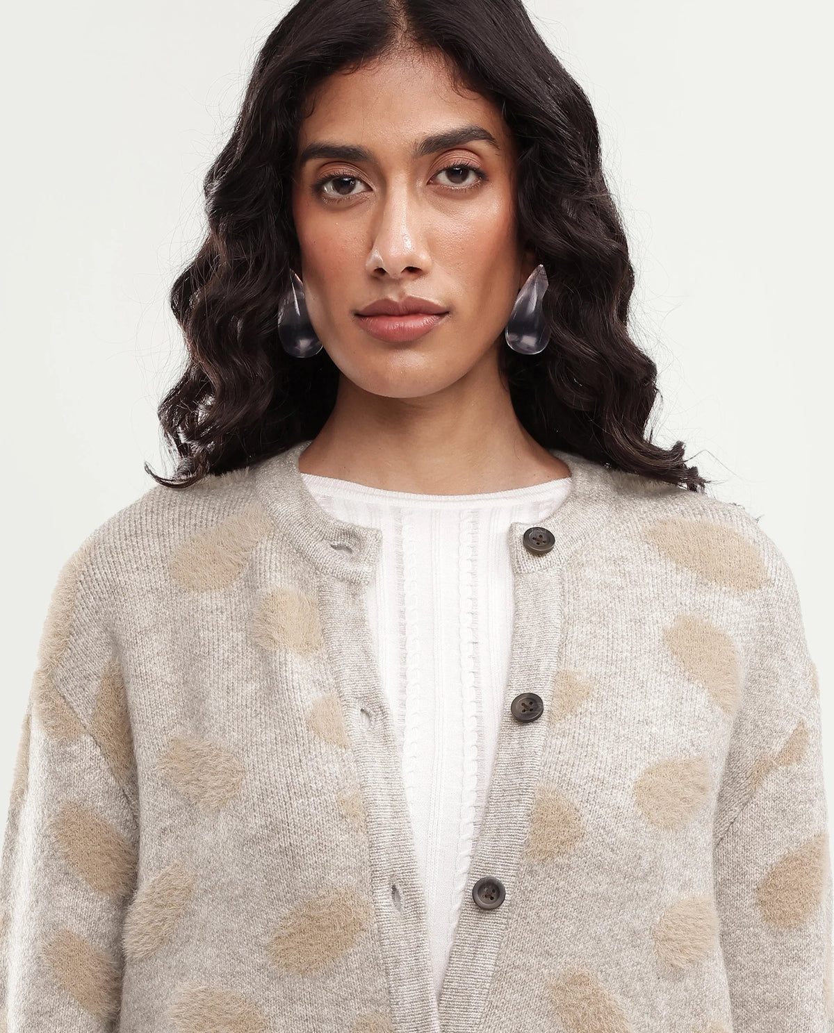 Rareism Women's Lezer Light Beige Nylon Blend Crew Neck Regular Polka Print Cardigan
