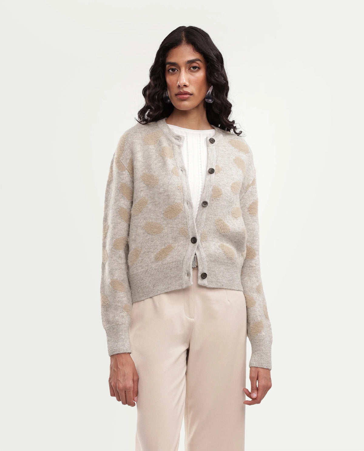 Rareism Women's Lezer Light Beige Nylon Blend Crew Neck Regular Polka Print Cardigan