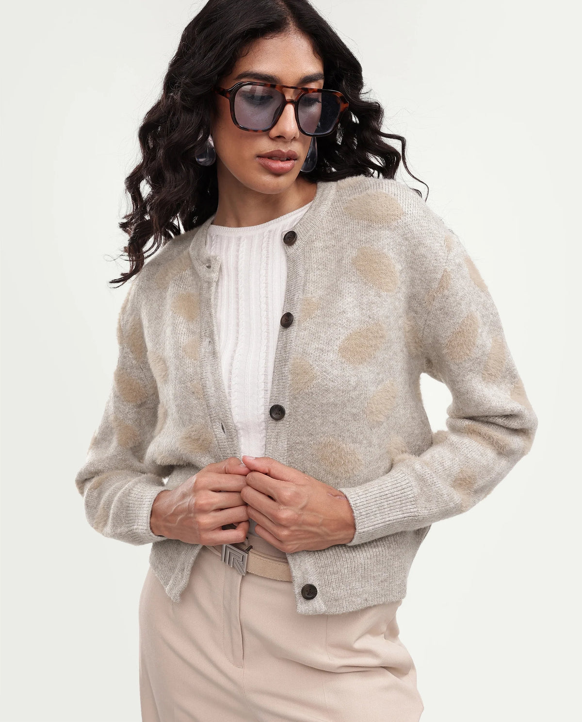 Rareism Women's Lezer Light Beige Nylon Blend Crew Neck Regular Polka Print Cardigan