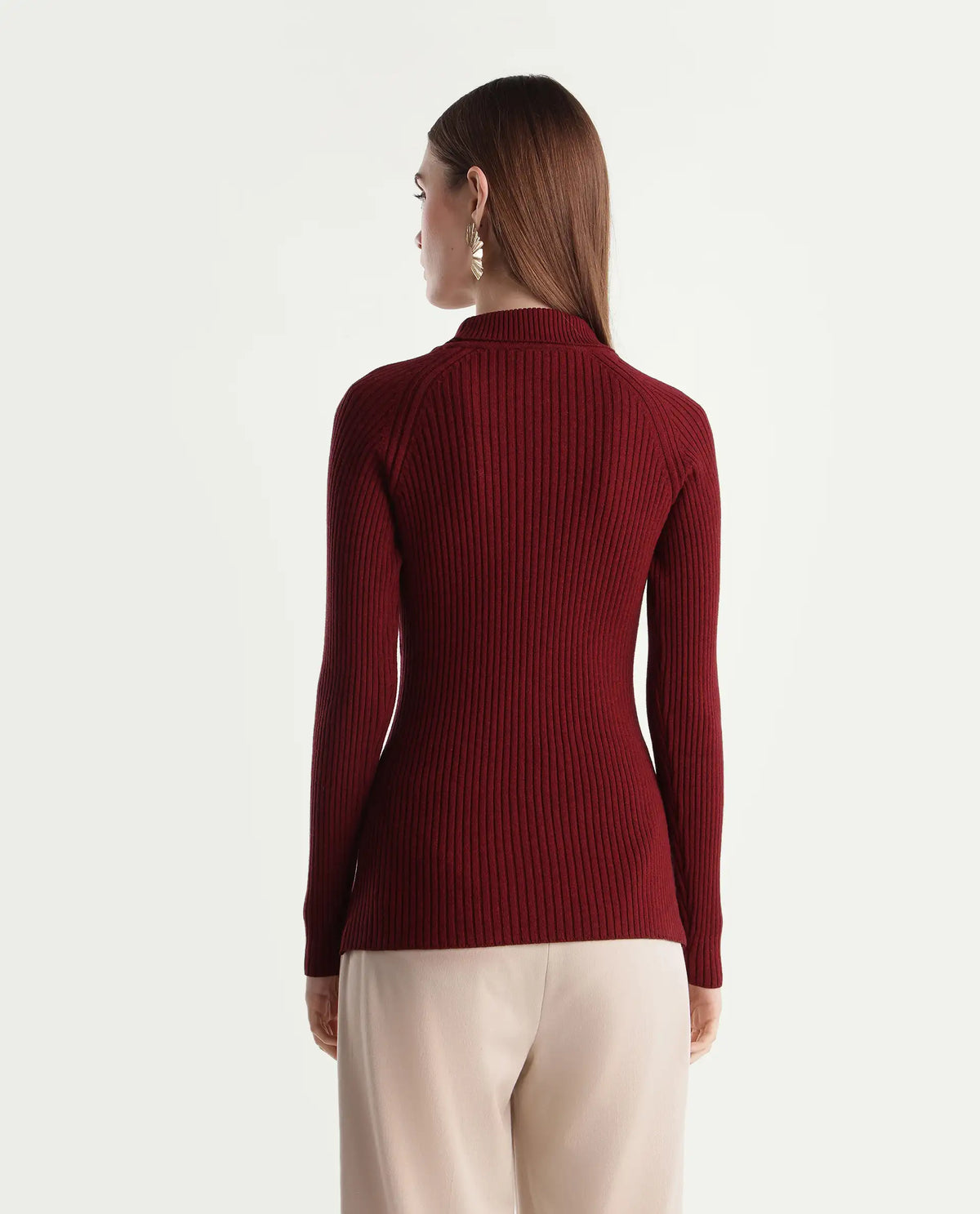 Rareism Women's Lonte Dark Red Viscose Blend Pull-On Slim Fit Sweater