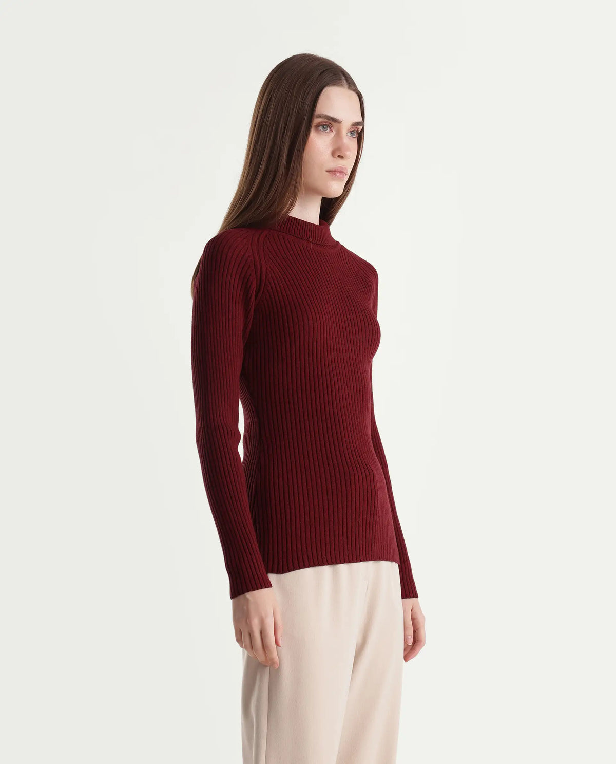 Rareism Women's Lonte Dark Red Viscose Blend Pull-On Slim Fit Sweater