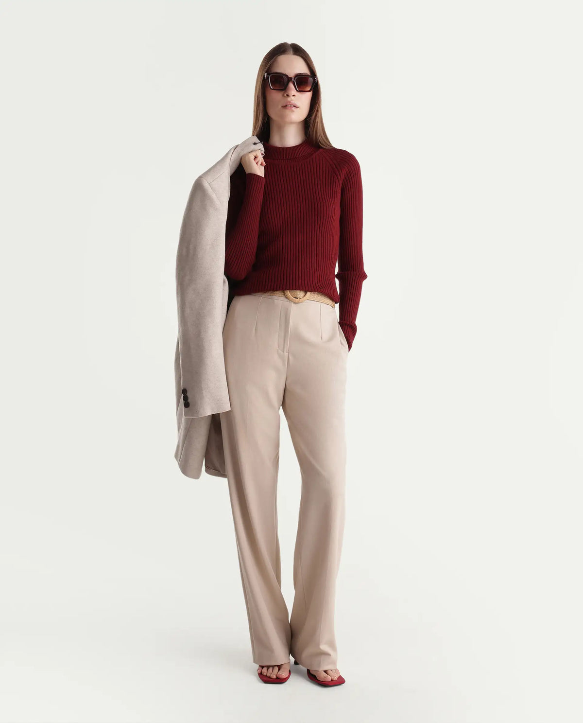 Rareism Women's Lonte Dark Red Viscose Blend Pull-On Slim Fit Sweater