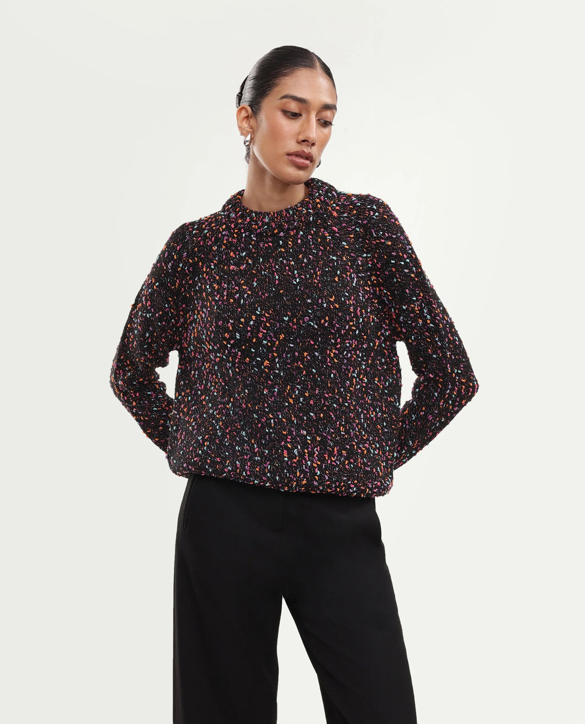 Rareism Women's Jive Dark Multi Acrylic Blend Pull-On Relaxed Fit Sweater