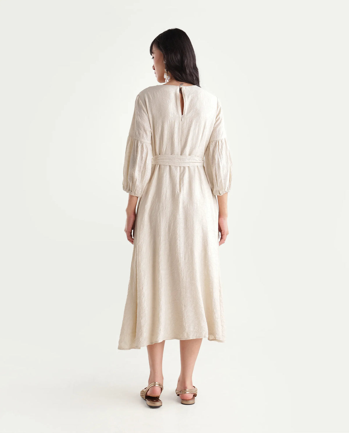 Rareism Women's Fluny Light Beige Viscose Blend V-Neck Fit And Flare Jacquard Dress
