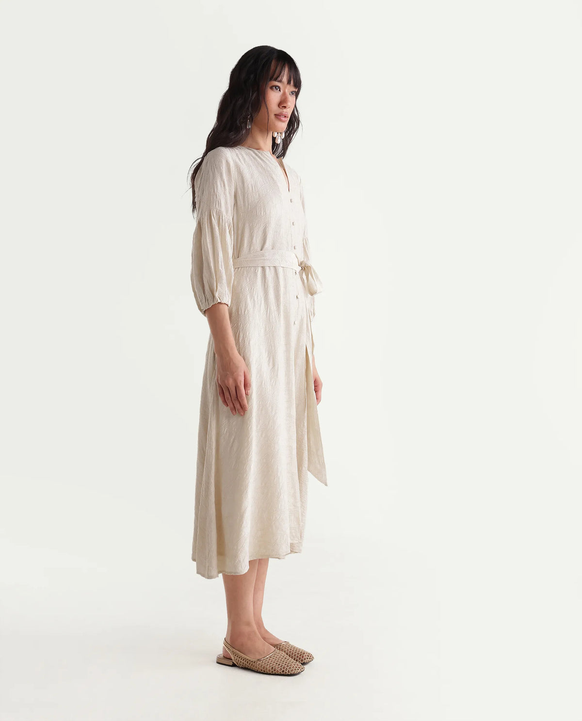 Rareism Women's Fluny Light Beige Viscose Blend V-Neck Fit And Flare Jacquard Dress